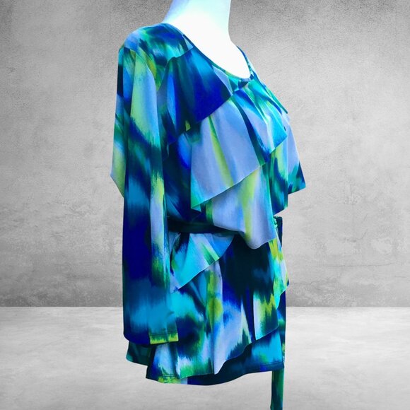 Worthington Abstract Layered Asymmetrical Ruffle Top with Tie Waist (Sz L) - Picture 6 of 14